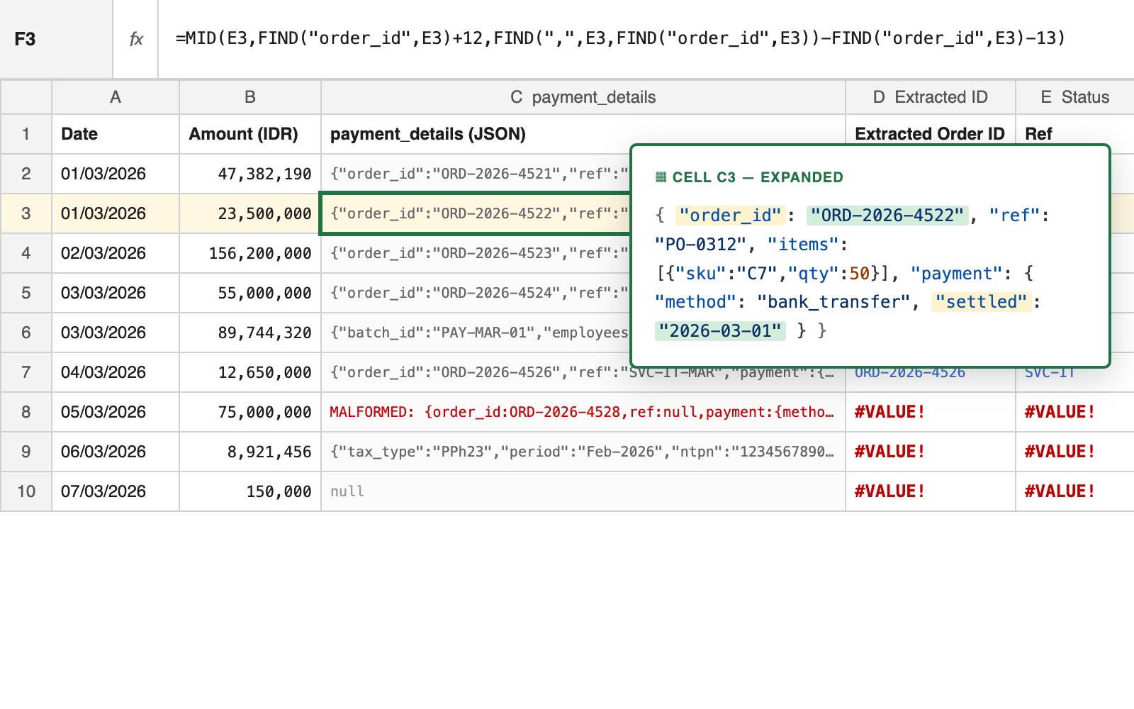 Excel spreadsheet with JSON blobs in cells, expanded cell view showing nested payment data, and MID/FIND formula that fails on 5 of 11 rows