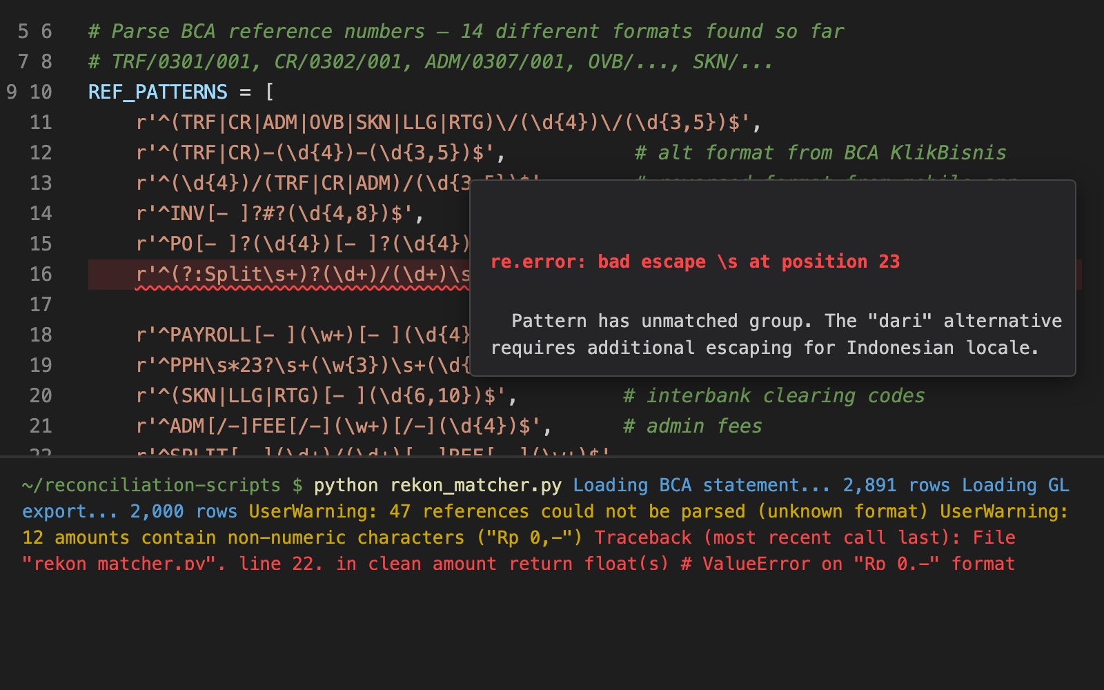 VS Code with 14 regex patterns for BCA reference formats, re.error popup, and ValueError traceback in terminal